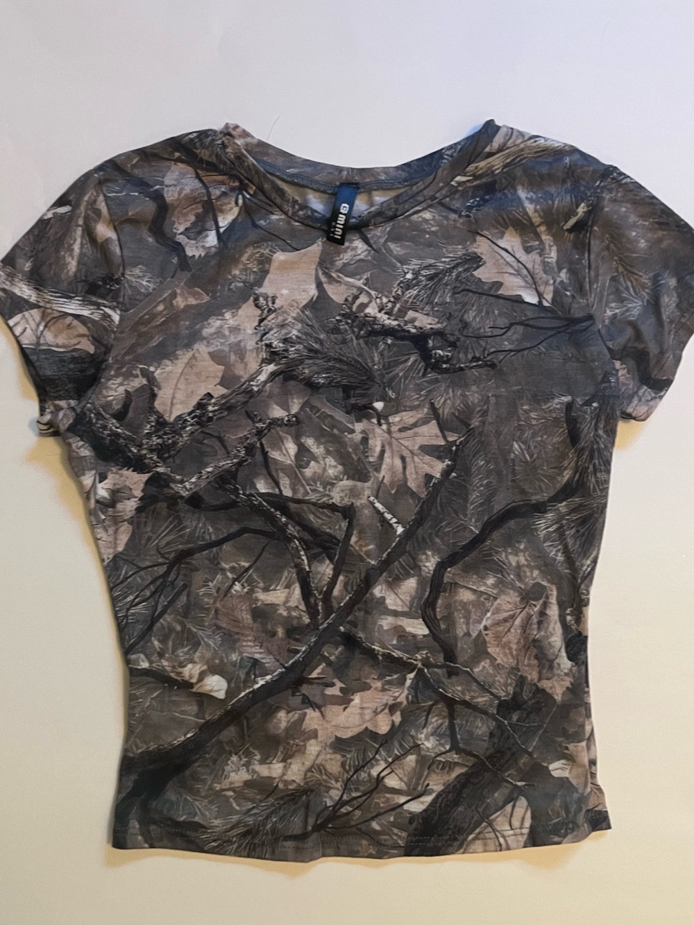 Gmini Short Sleeve Camouflage Leaf Print Tee - Gray/Brown Juniors Size Medium